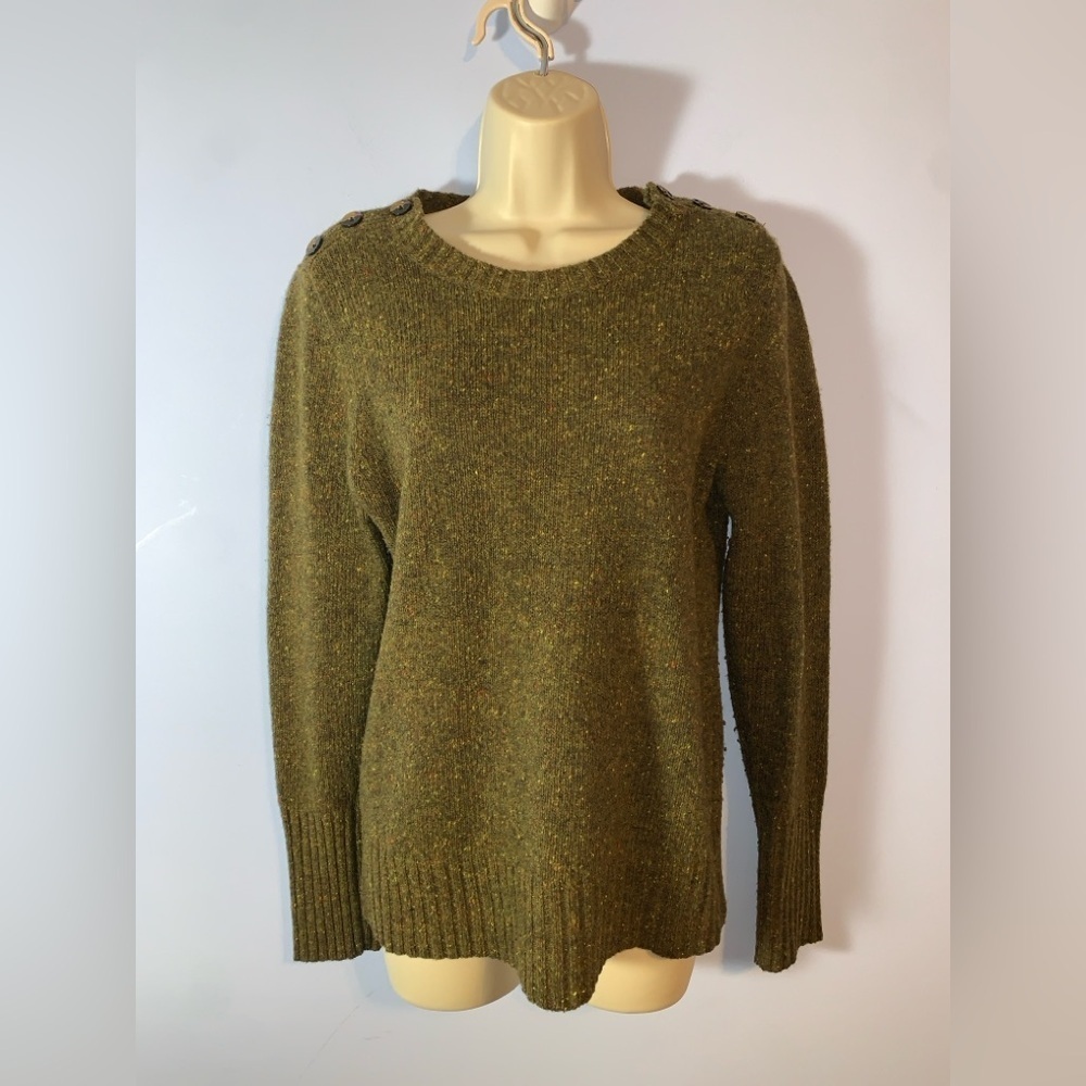 J CREW Olive Green donegal lambswool knit Women's Sweater shoulder buttons med